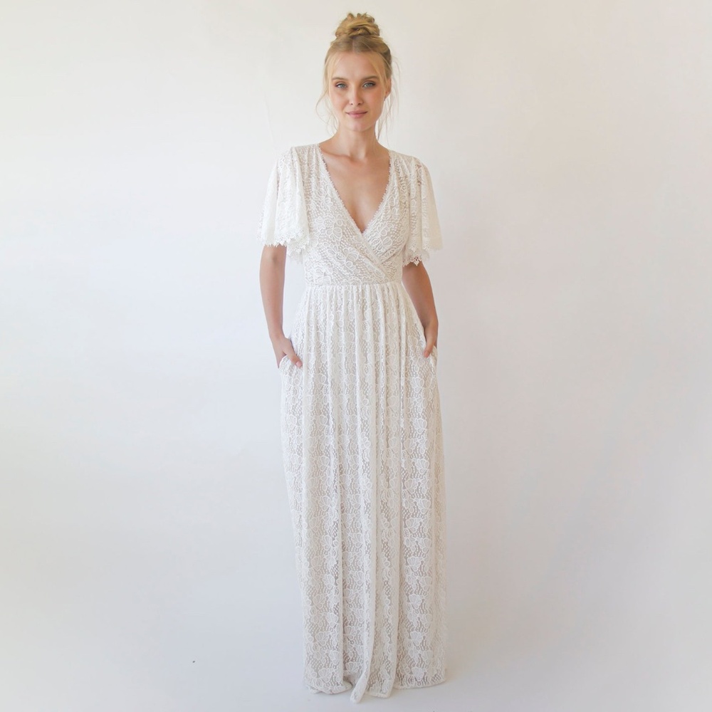 Ivory Pearl lace bohemian wedding dress with pockets